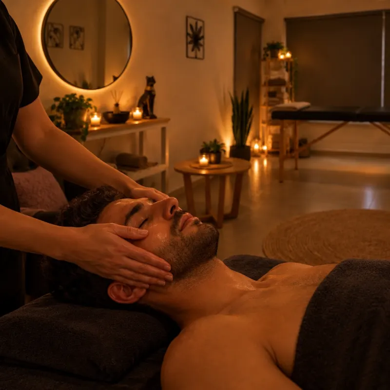 Masaje cráneo facial a un cliente en la sala de MDR, con luz cálida